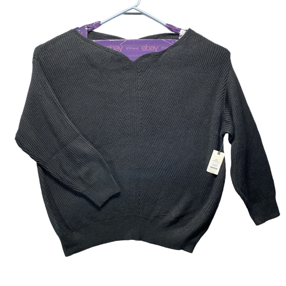 NWT Terra &‎ Sky Sweater Womens Size 2X Black V Neck Pullover Knit Ribbed Cozy